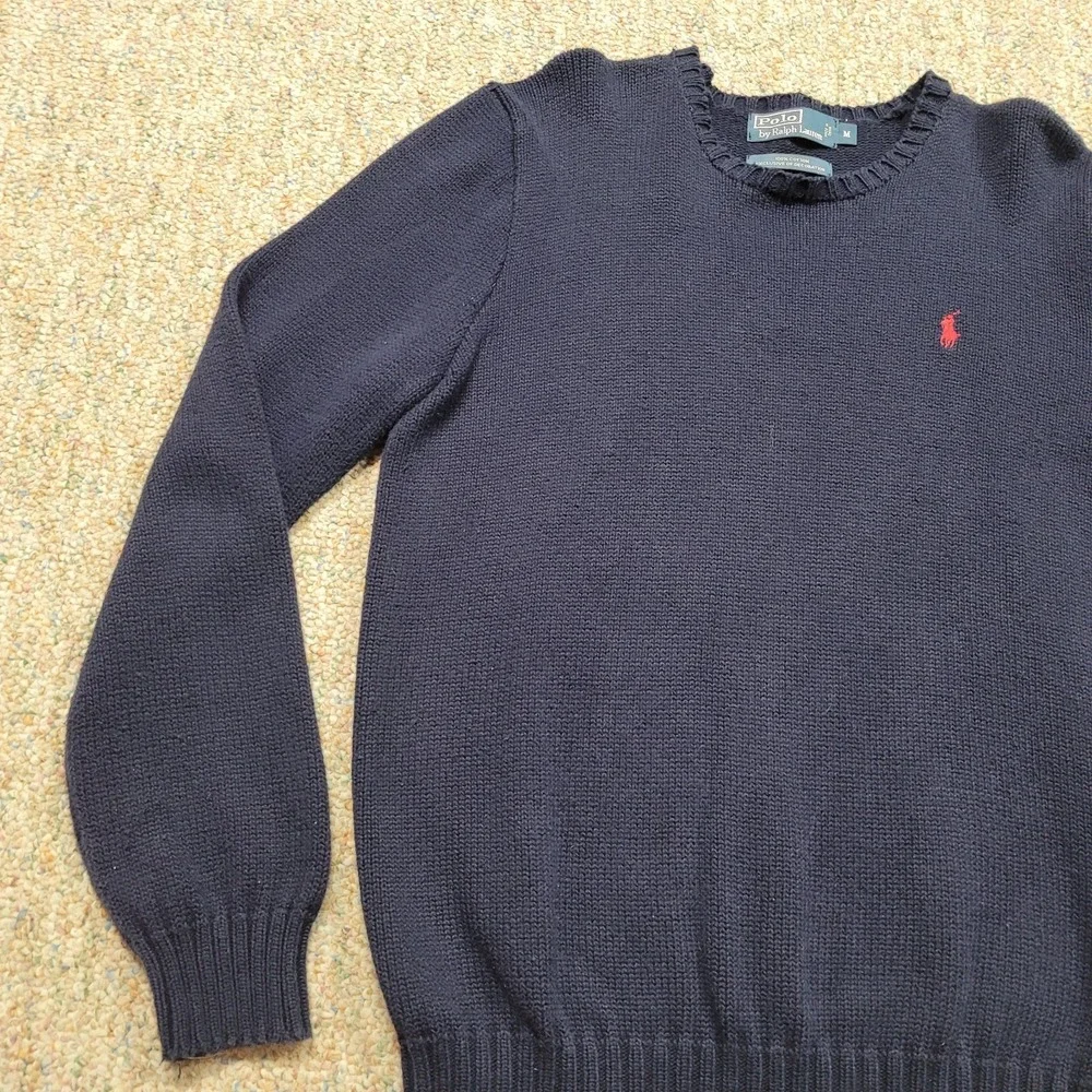 Polo Ralph Lauren Sweater Mens Medium Blue Knit Heavy Fisherman Cotton Pony Prep
